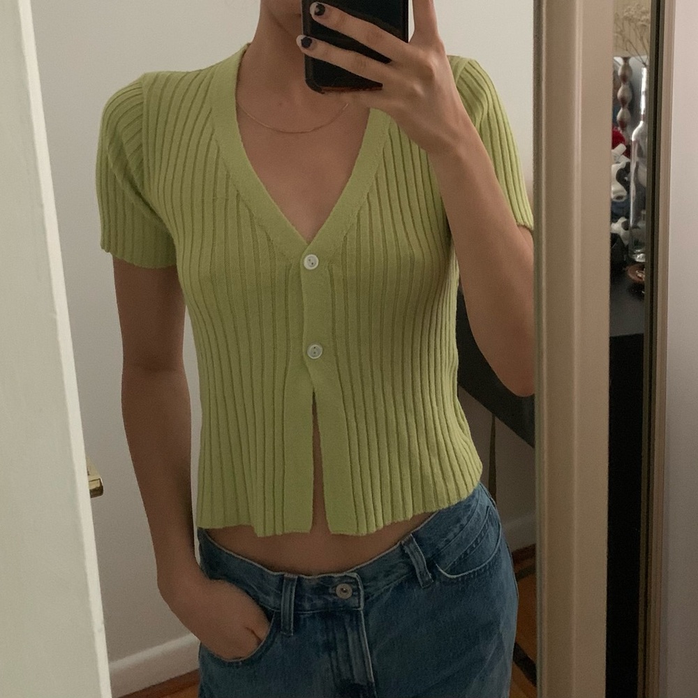 Green Ribbed Knit Short Sleeve Cardigan